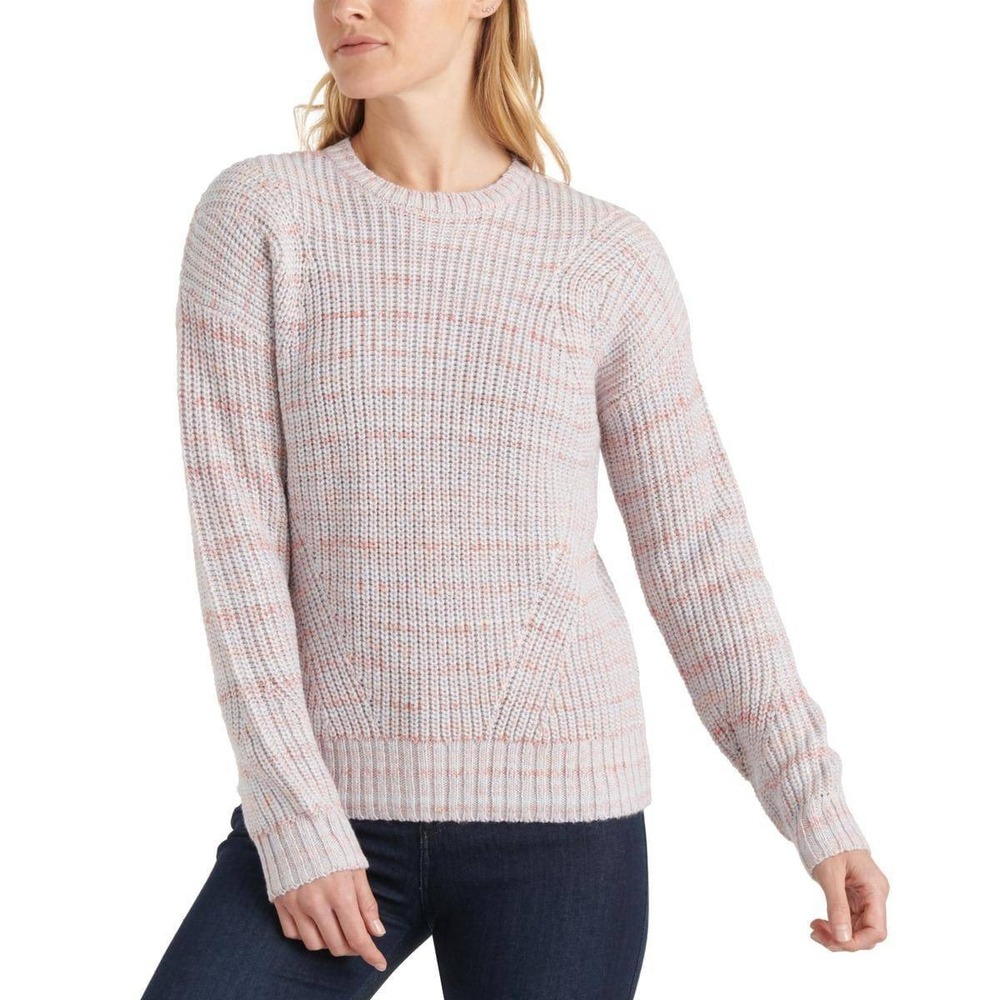 Lucky Brand Women's Marled Crew Neck Sweater Pink Multi L Chunky Knit Boho Cozy